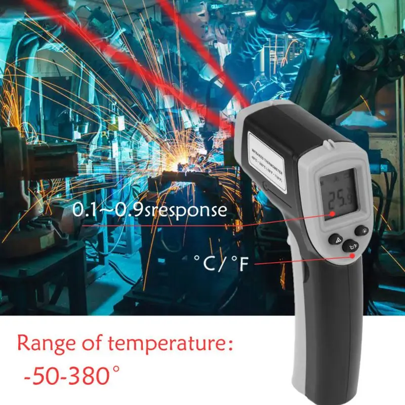 ميزان الحرارة الرقمي بالأشعة تحت الحمراء بندقية عدم الاتصال مسدس درجة الحرارة بالليزر -50 ~ 380 ℃ انخفاض الشحن