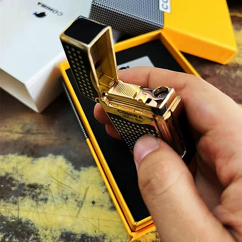 Cohiba-Windproof Cigar Lighter, Grinding Wheel, Jet Flame, Refillable Butane Gas Lighter, Smoking Lighter, Ping Sound