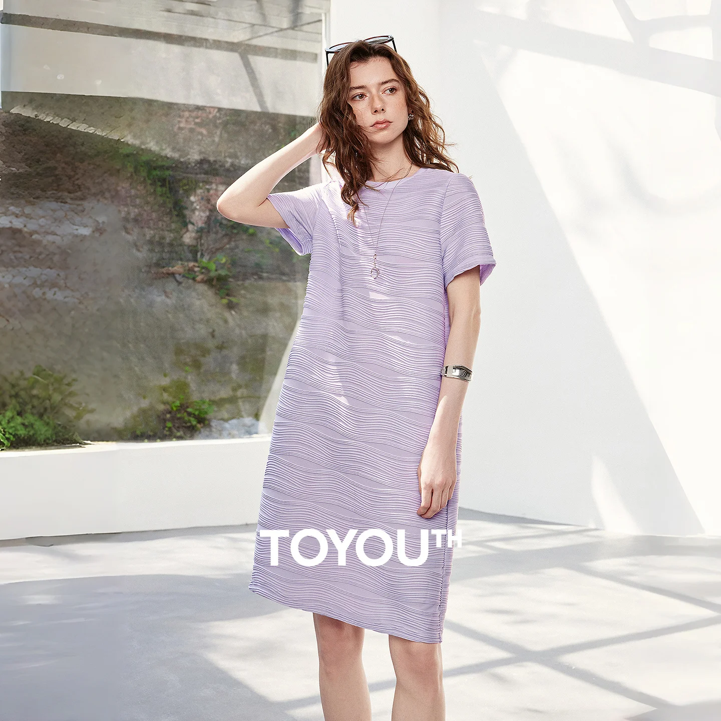 TOYOUTH Women Wave Texture Flowing Dress 2026 Summer New Art Exhibition Outfit Loose T-Shirt Dress