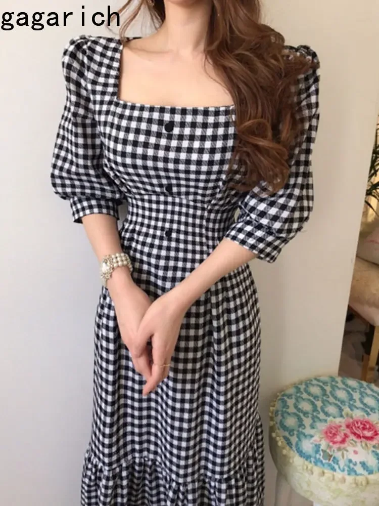 

Gagarich Women Dress Korean Chic Summer Elegant Square Collar Collarbone Button Waist Puff Sleeve Plaid Lotus Leaf Vestidos