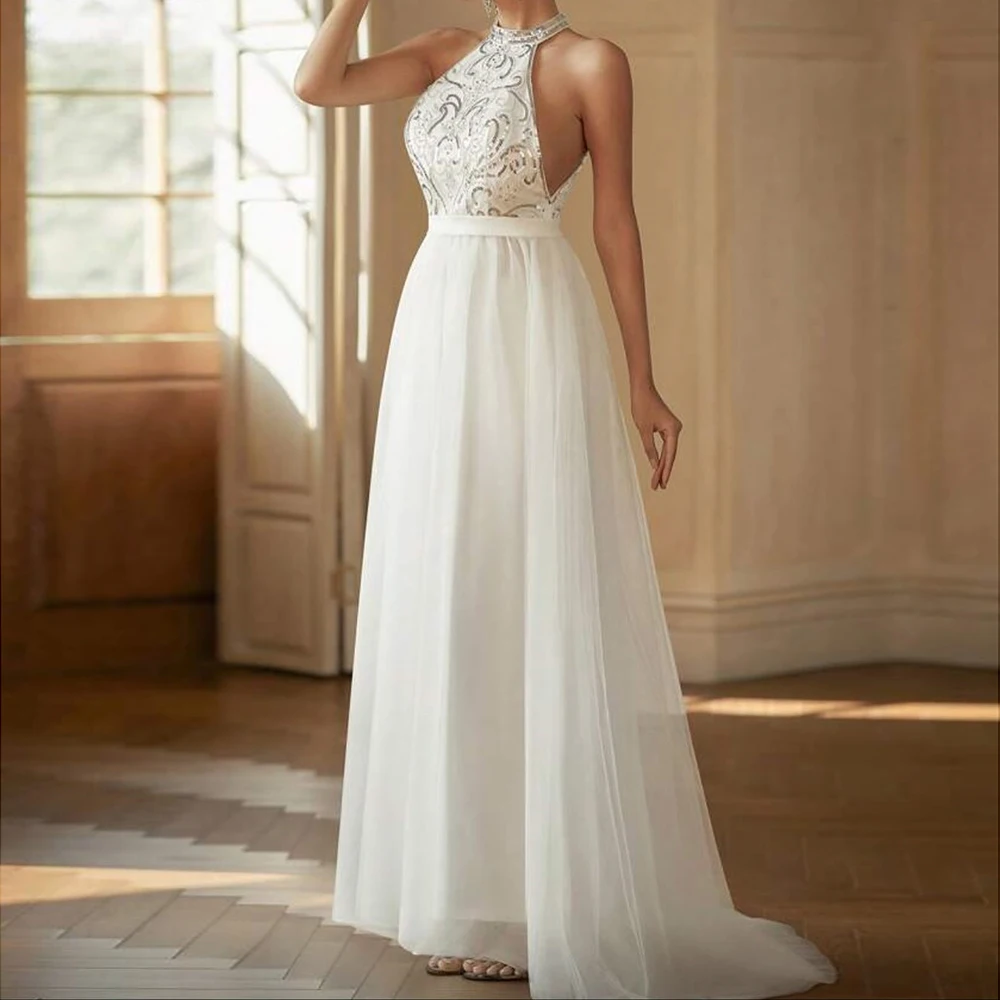 

Customized Mermaid Evening Dresses Floor-length High-neck Sleeveless Prom Gown Fashion Sequined Draped Backless Party Gown