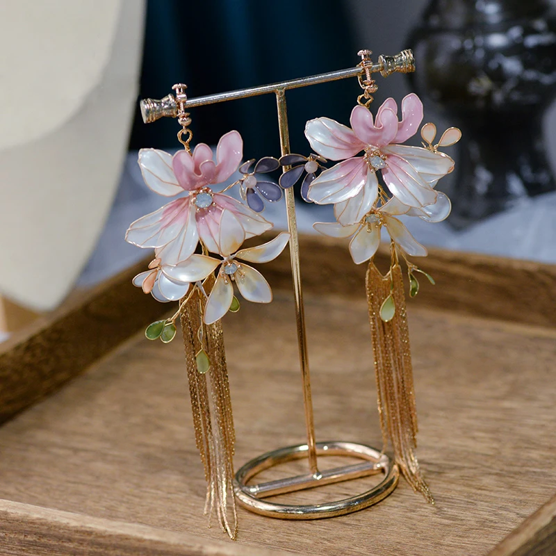 Sweety Resin Flower Woman Evening Earrings with Long Tassels Girls Pinky Turkish Party Earring