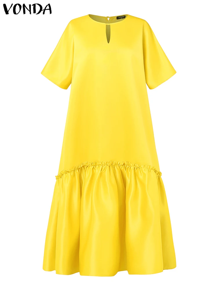 فوندا الصيف فستان طويل للحفلات المرأة نصف كم الساتان ماكسي فستان الشمس 2025 تكدرت أنيقة الصلبة عادية جوفاء فيستدوس المتضخم