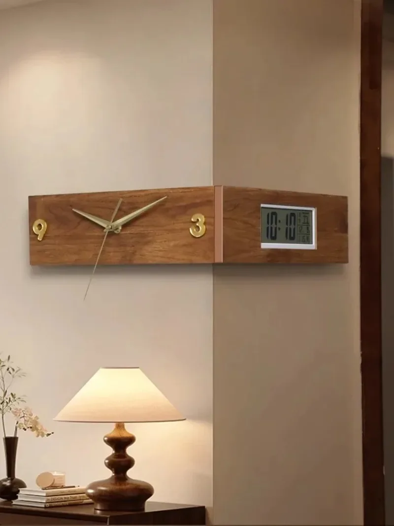 Double-Sided Living Room Clock Walnut Corner Clock Dining Room Wall Clock Office LCD Digital Timepiece Great for Office Spaces