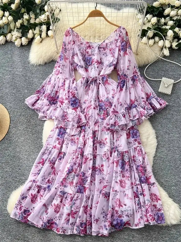 Vestido de praia francês feminino sexy fora do ombro manga alargada floral chiffon vestidos longos outono folha de lótus babados longo robe