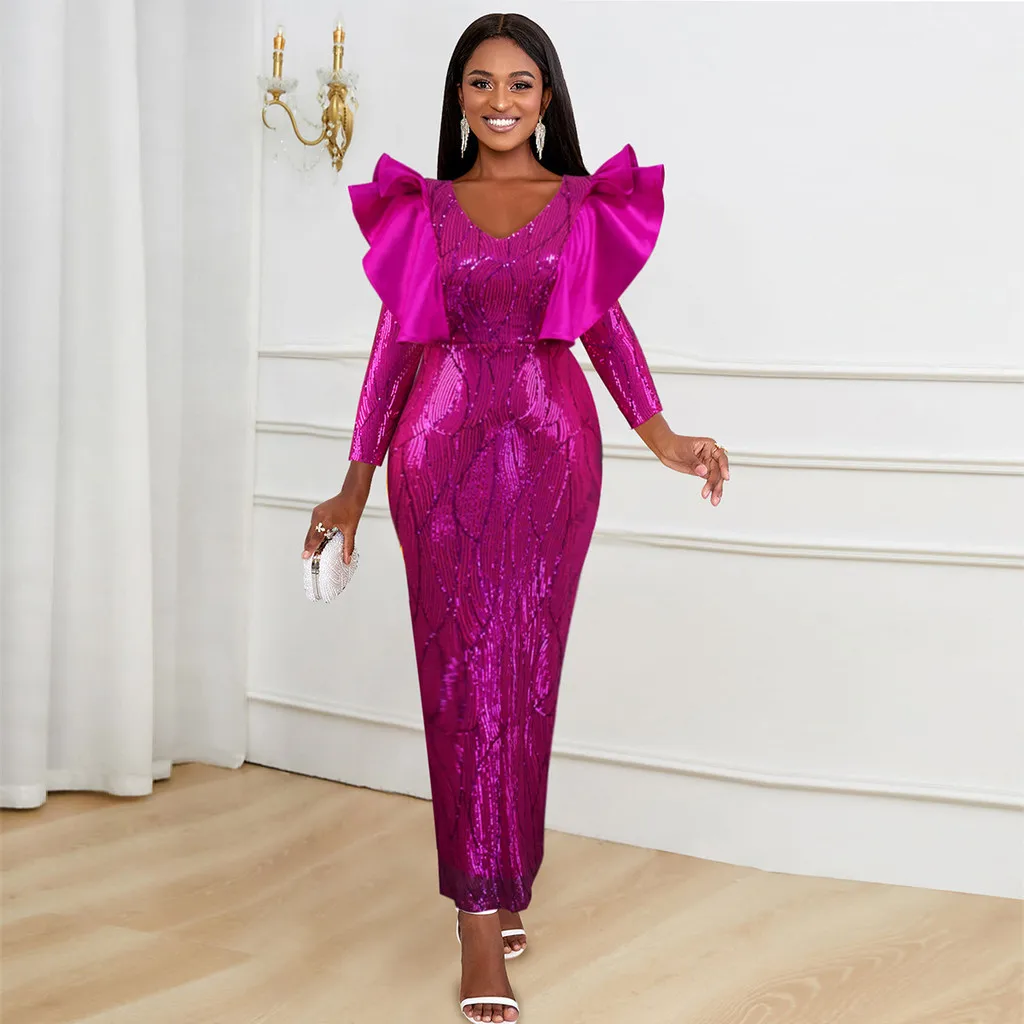 

Fashion Women Elegant V Neck Long Sleeves Sequins Ruffle Long Dress Party Midi Gowns