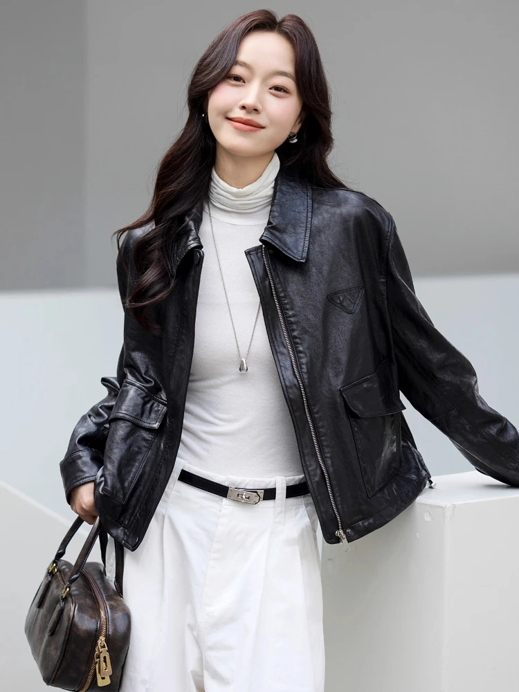 Chaqueta corta informal de cuero genuino para motocicleta para mujer primavera otoño 2025 nuevo abrigo de piel de oveja auténtica con cera de aceite suave Simple de gama alta
