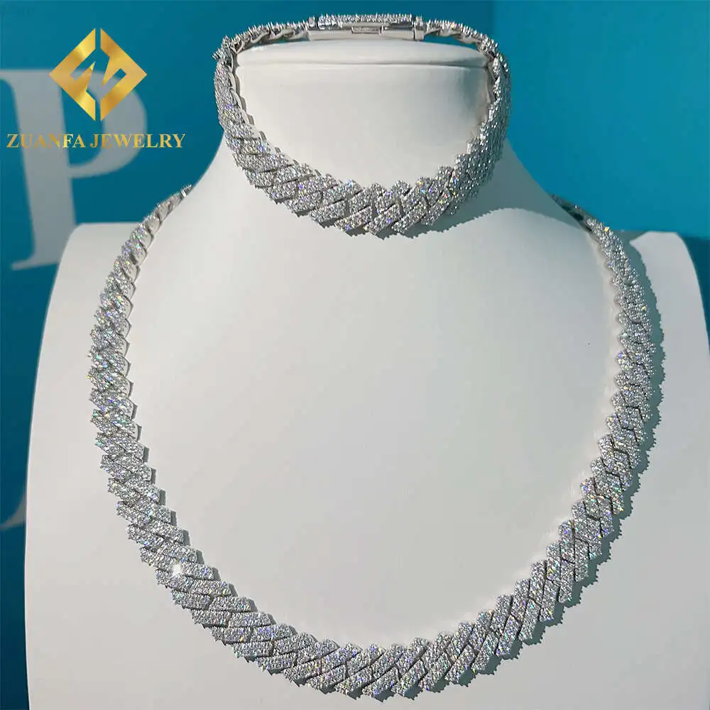 Hot Sale Ready to Ship Iced Out Diamond 13mm 2 Rows Stone Vvs Moissanite 925 Cuban Link Chain