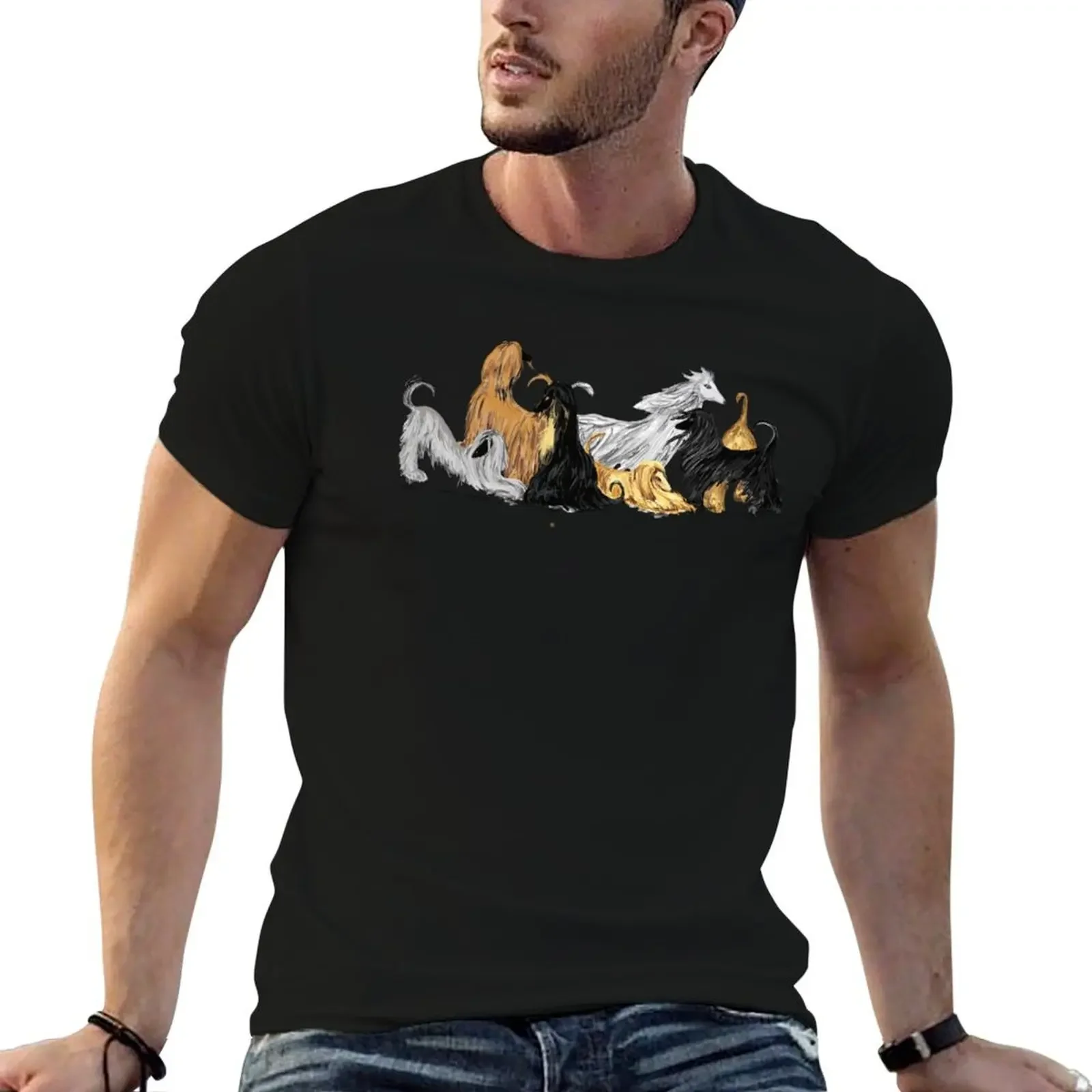 Afghan hounds, on blue T-Shirt quick-drying quick drying baggy shirts vintage anime shirt compression shirt men