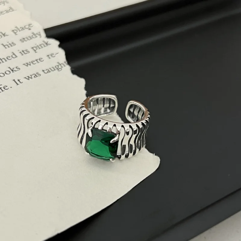 

New Arrival 925 Sterling Silve Green Zircon Ring for Women Girl Gift Texture Hollowed Out Design Adjustabl Jewelry Dropshipping