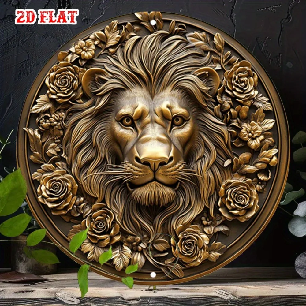 Vintage Lion Head Metal Wall Art, Golden Lion & Roses Round Sign for Luxe Living Room, Study or New Year Decor