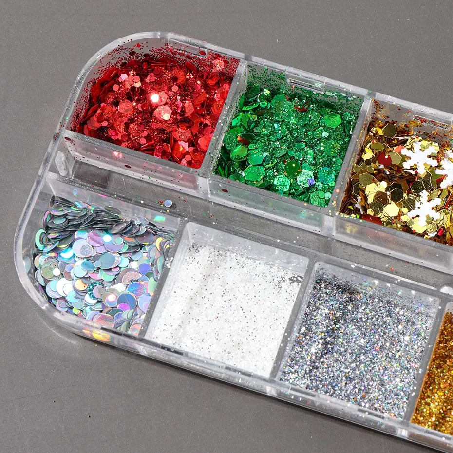 12グリッドクリスマスレーザーネイルグリッターフレーク虹色輝くミックスネイルクロムパウダー3D不規則ホロフレークマニキュアデコレーション