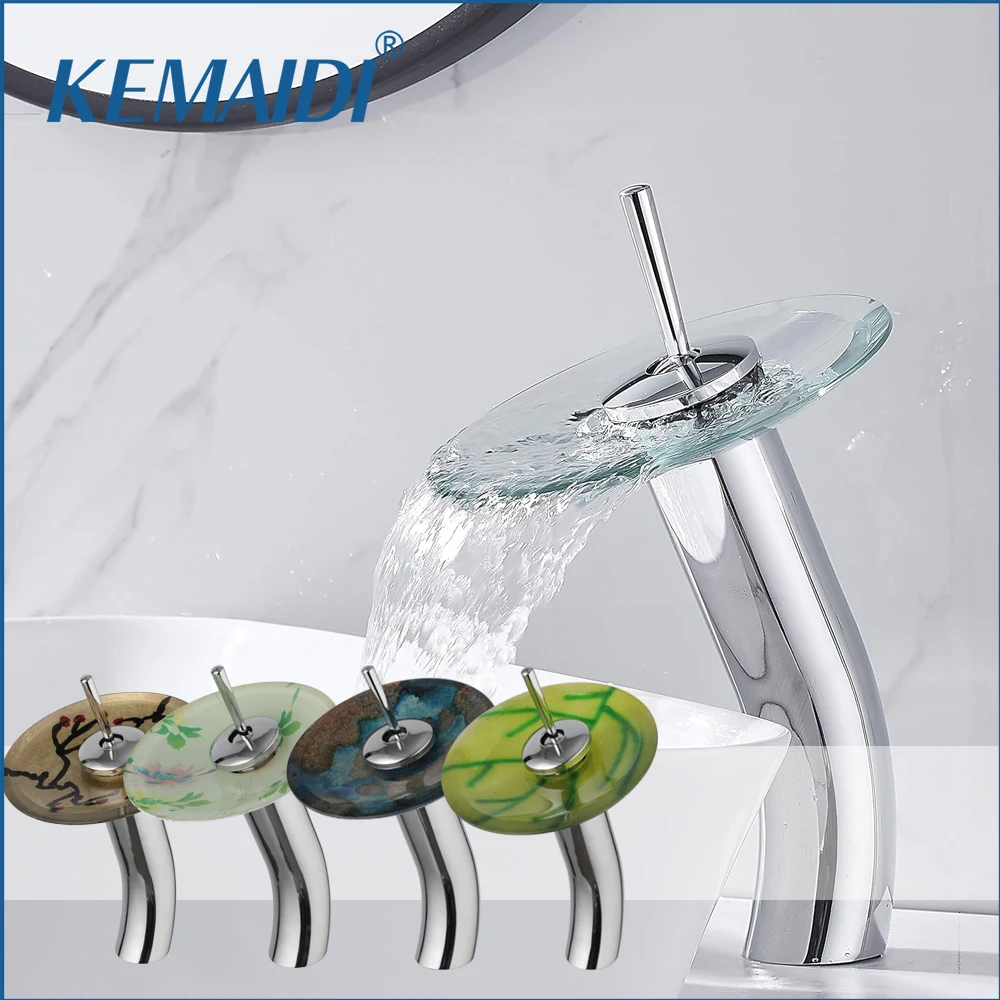 KEMAIDI Bathroom Vessel Faucet Tap for Sink Chrome Waterfall Glass Spout Single Lever Lavatory Basin Mixer Taps Commercial