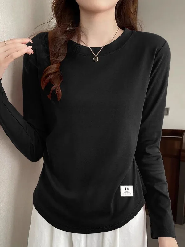 レディース純綿長袖Tシャツ、ラウンドネック、プリーツ入り、スリムフィット、おしゃれな秋トップス、快適で柔らかい、韓国風、ゆったり...