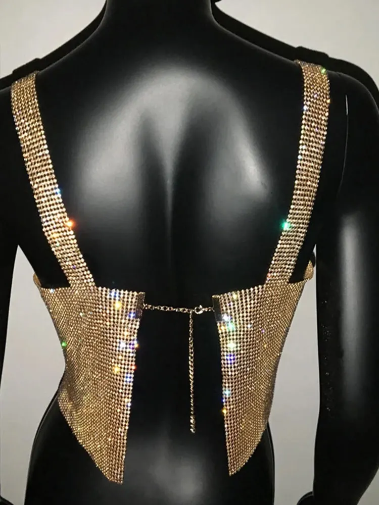 Top cropped com strass para mulheres, camisola monocromática com diamantes e lantejoulas completos, alças sem costas na moda para festa, 2020