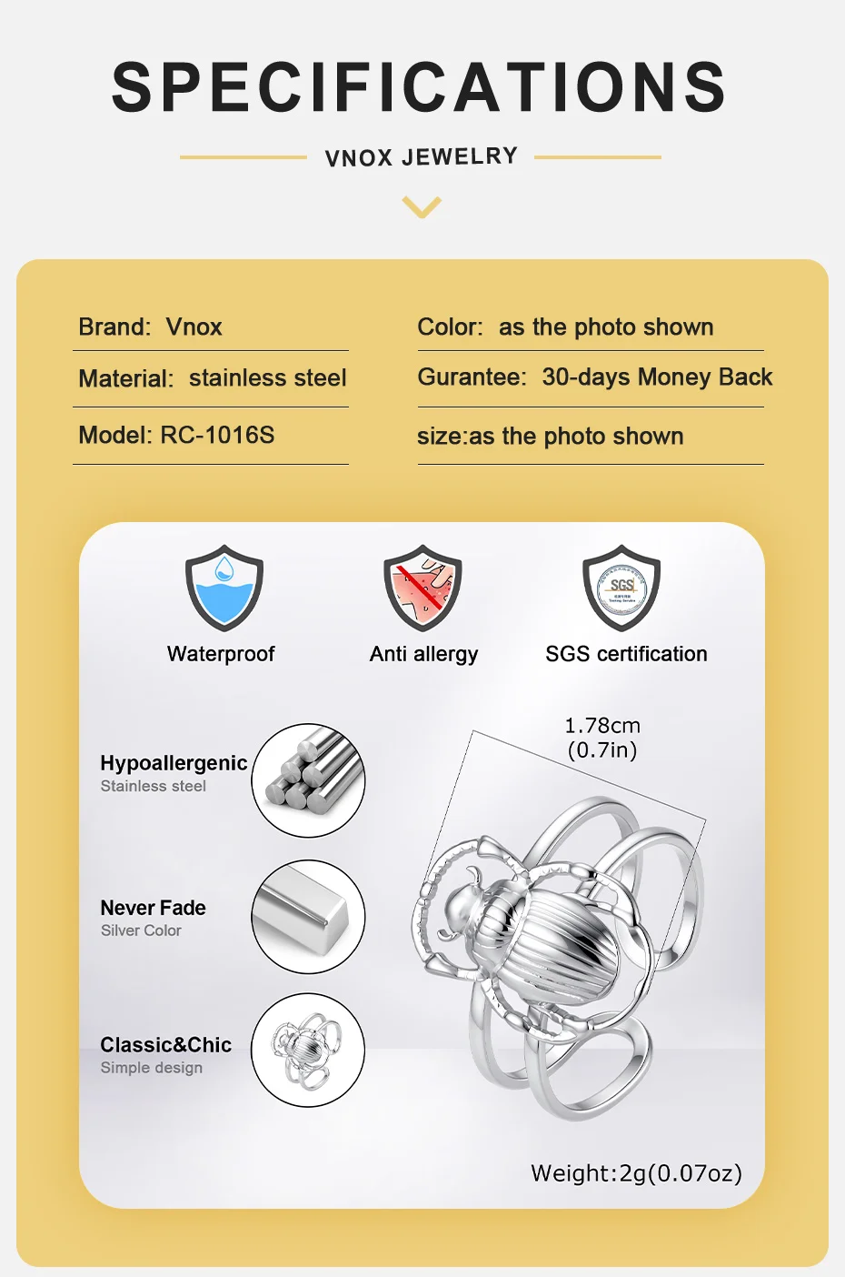 Vnox Ägyptischer Skarabäus Offener Ring, Versilberter Mehrschichtiger Statement-Fingerring, Gotischer Insektenschmuck für Männer und Frauen als Partygeschenk – Detail 4