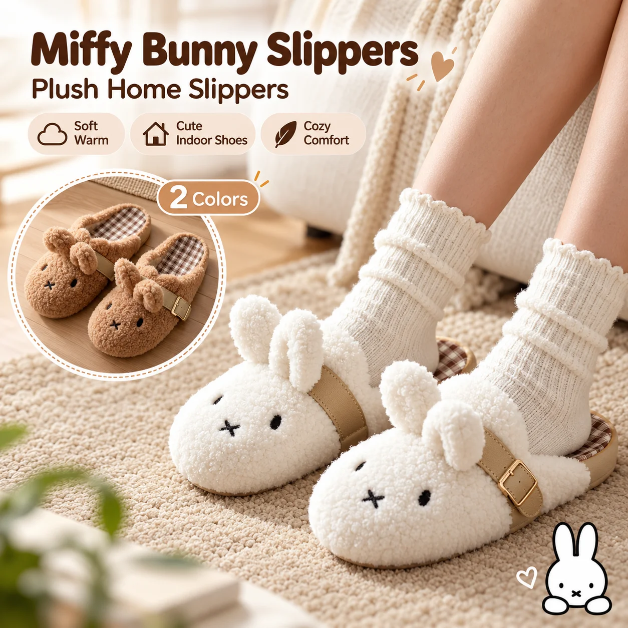 Miffy Rabbit Birken Style Slippers Winter Fluffy Plush House Slippers Cute Bunny Open Back Slide Slippers Indoor Warm Home Shoes
