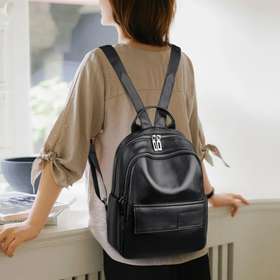 Casual Genuine Leather Women Backpack Functional Multi Pockets Shoulder Bag Versatile Fashion Cowhide Daily School Back Pack Sac