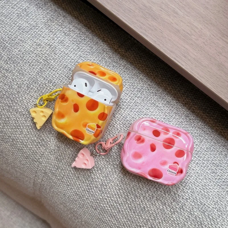 Cute Pink Yellow Cheese Pattern Protection Case For Apple Airpods 2 3 4 1 Pro2/3 Wireless Bluetooth Soft Cover Shell with Hook