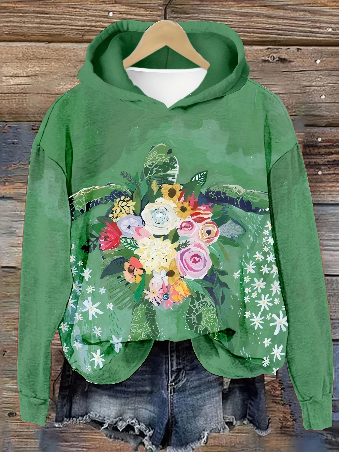 

PLstar Cosmos 3D Printed Japanese Wave Green Turtle Pattern Women's Casual Hoodie