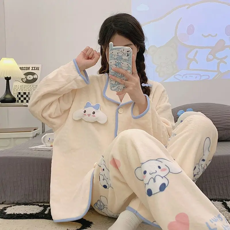 

Kawaii Kuromi пижамы женские Sanrios Cinnamoroll зимние коралловые бархатные теплые студенческие пижамы для девочек мультфильм с длинными рукавами домашняя одежда