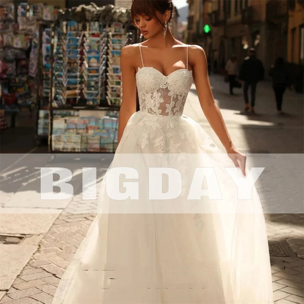 Elegant A-Line Wedding Dresses Women Sweetheart Lace Open Back Tulle Spaghetti Straps Bridal Gown Sweep Train Vestidos De Noiva