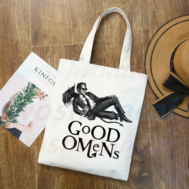 Good Omens-Sacs à main unisexes en toile personnalisée, sac fourre-tout imprimé, sac de voyage réutilisable, sac à provisions décontracté, 03