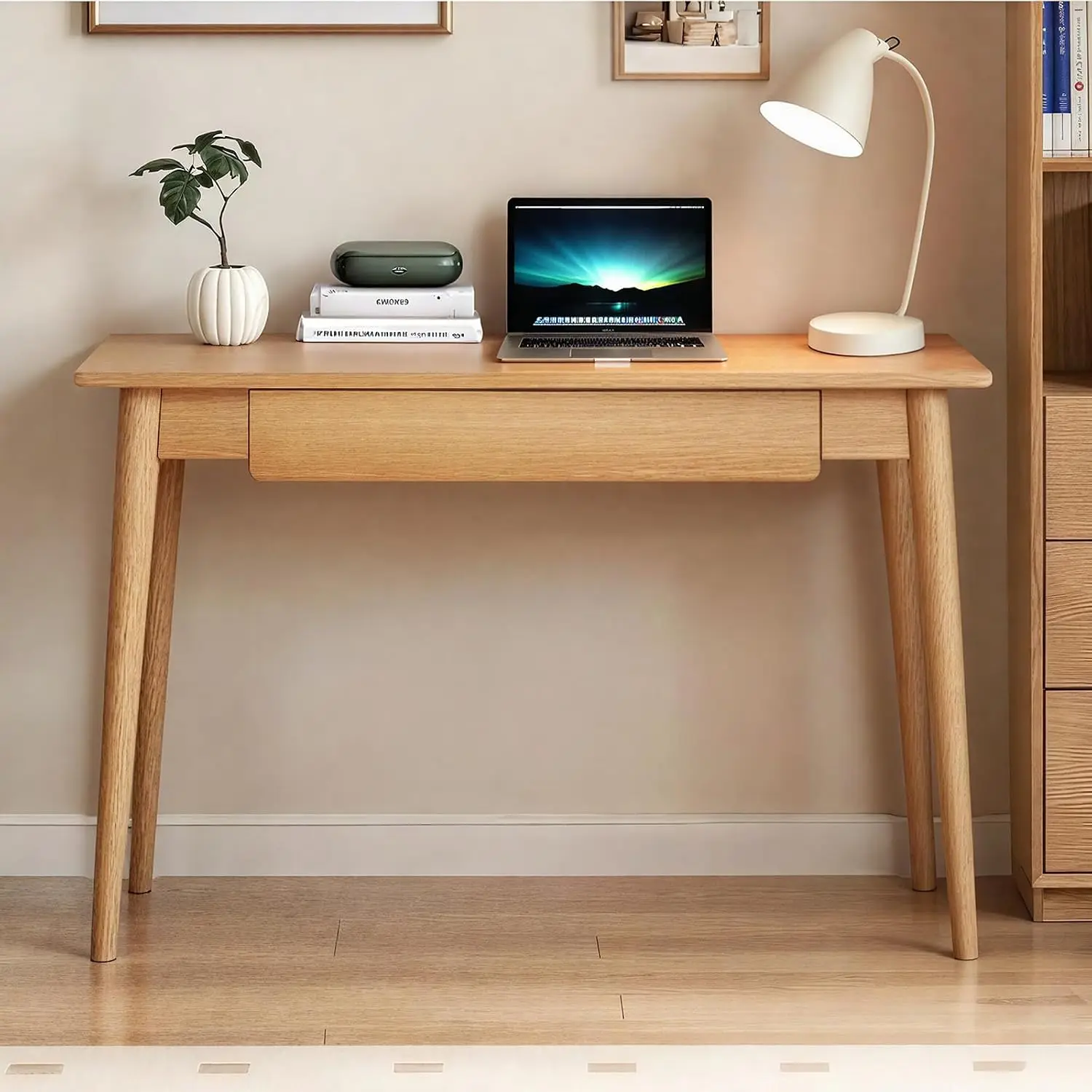 Solid Oak Wooden Desk Mid Century Modern Writing Computer Desk with Drawer for Home Office 31