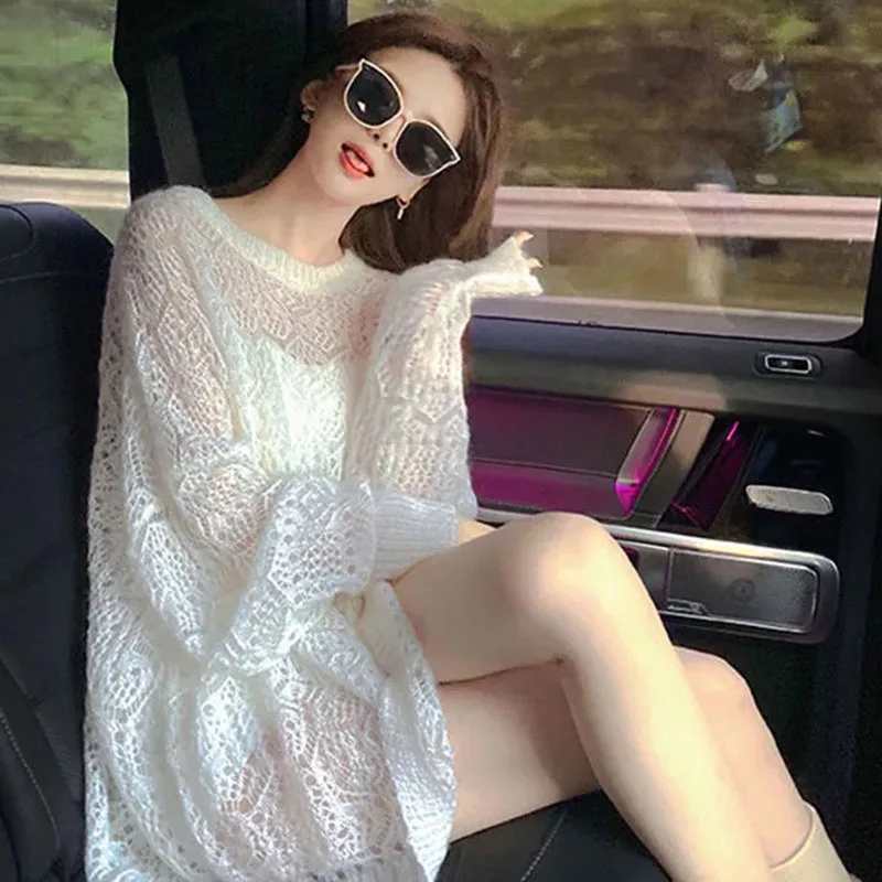 

Female Summer New Fashion Hollowing Out Knit Sweater Coat Women Lazy Wind Loose Fit Appear Thin Round Neck Pullover Knitwear Top