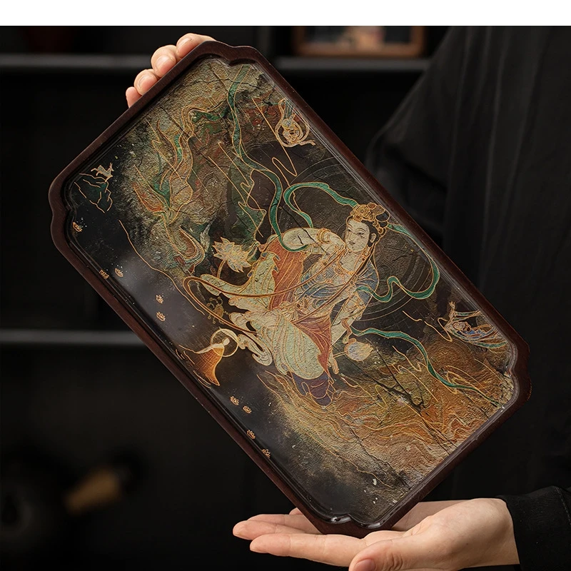 Dunhuang Mural Bamboo Glass Tea Tray Office Set Cup Storage Decoration Chinese Accessories Friend Gifts