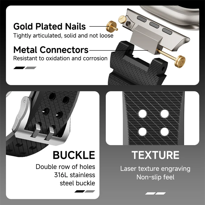 Tali karet silikon untuk Apple Watch, gelang olahraga Ultra 10 9 8 7 49mm 46mm 45mm 42mm logam mewah tali bersirkulasi udara untuk iWatch 6 5 SE 4