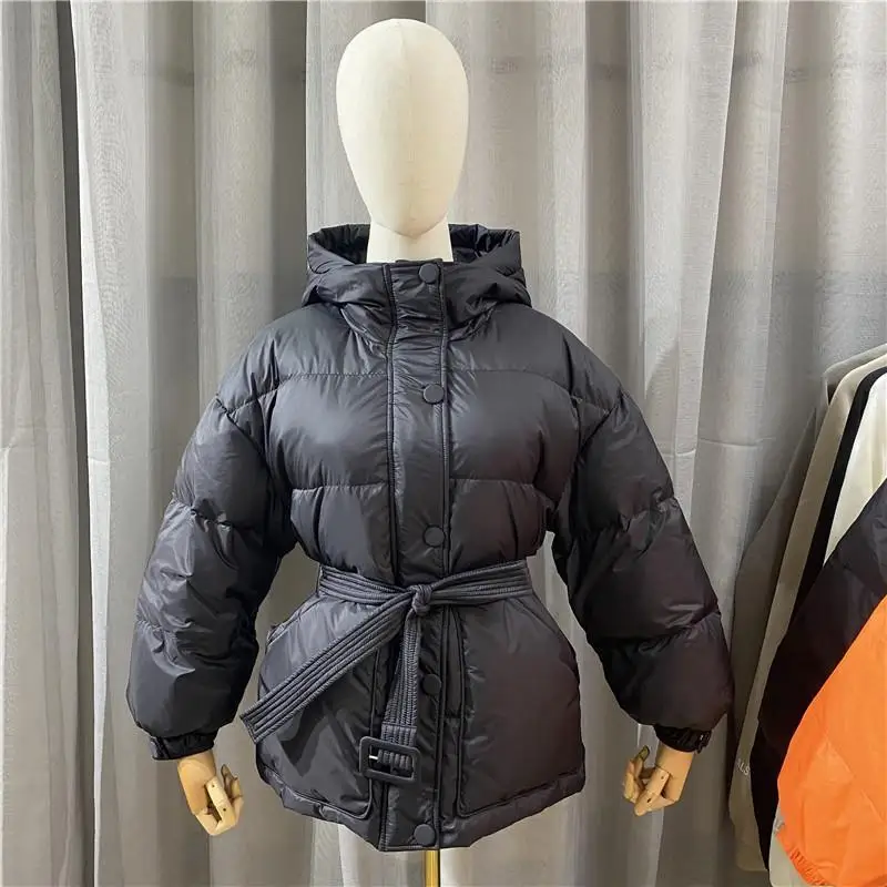 الأبيض Du down Puffer Jaet الشتاء Thiened الخبز Sle طالب فضفاض الخصر مربوط معطف بسيط تخفيف Sle ألياف البوليستر