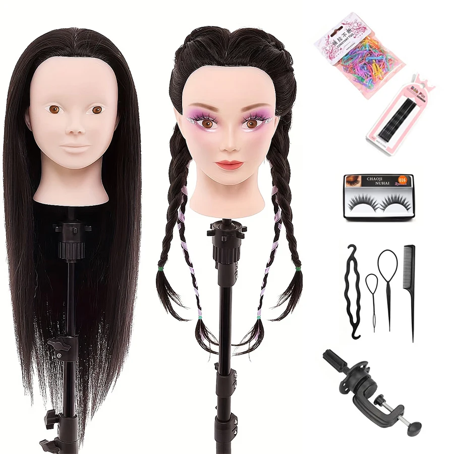 

24 Inch Makeup Hair Mannequin Head with Synthetic Hair Cosmetology Practice Doll Braiding Hairdressing Head with TableClampStand