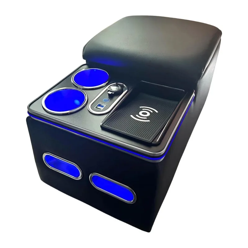 

Center console armrest storage with wireless charging phone holder and cup holder for cars and minivans and vans