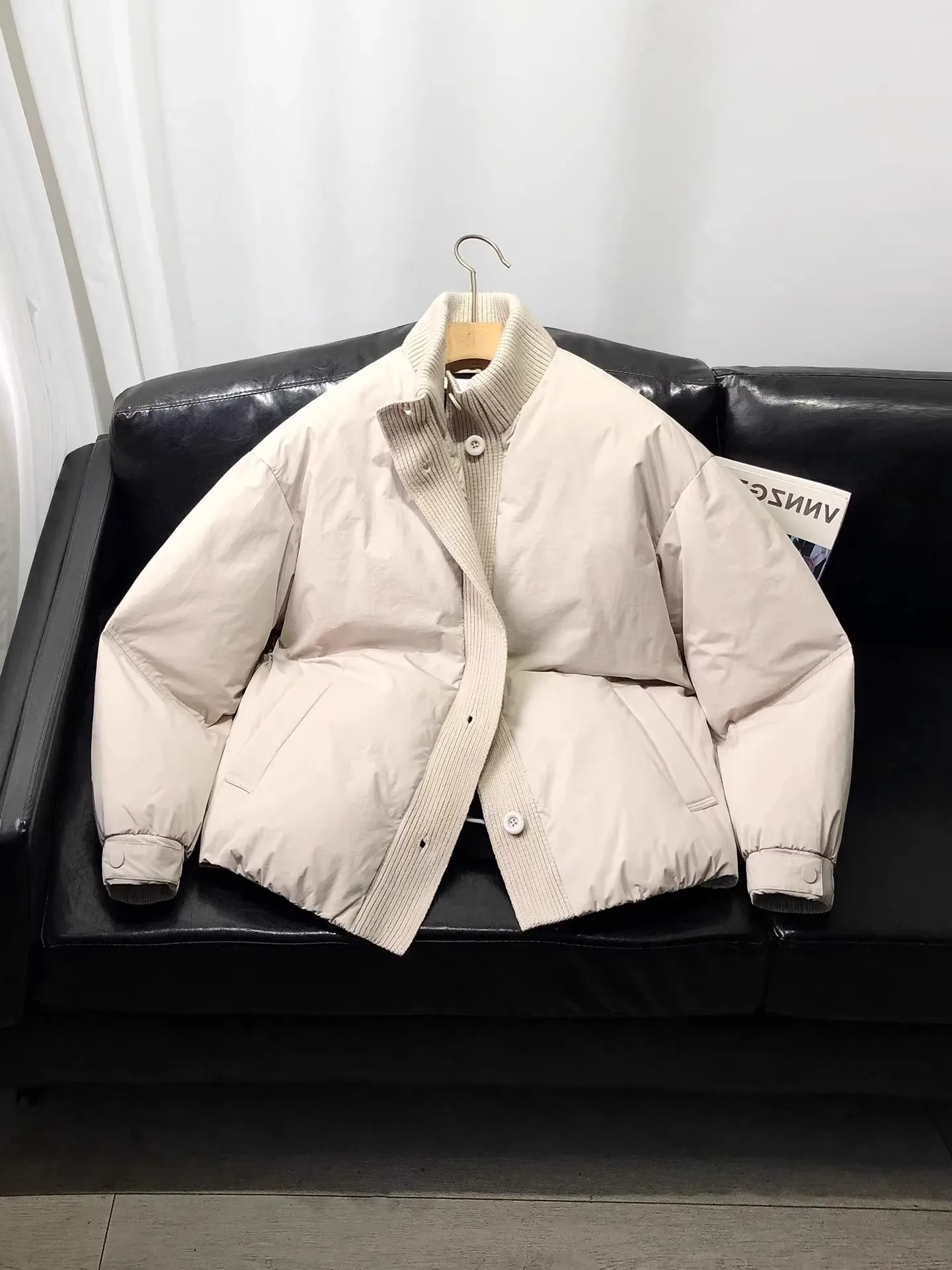 

Мужская зимняя утепленная вязаная куртка-пуховик с воротником-стойкой, свободного кроя, в стиле пэчворк, повседневная, теплая