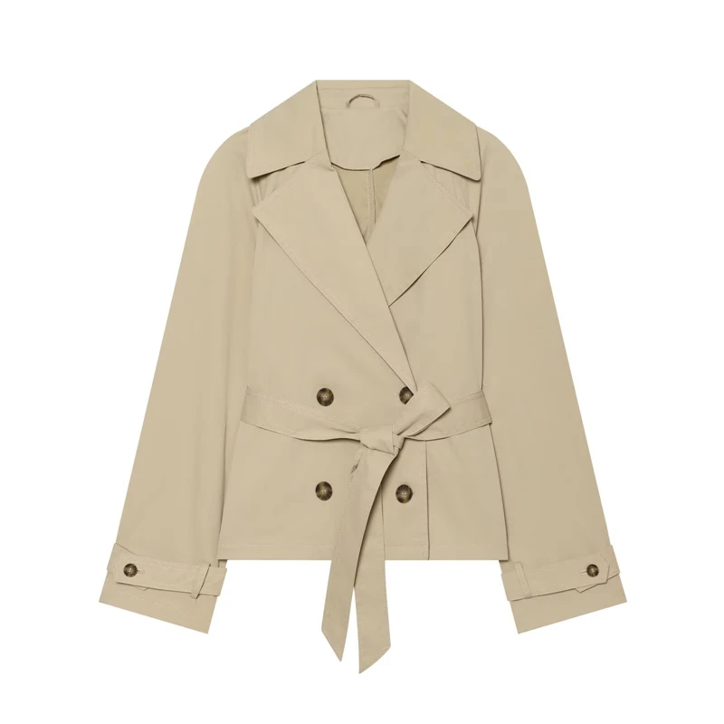 Women's short trench coat  notched lapel  double-breasted  self-tie belt  adjustable cuffs elegant workwear trench