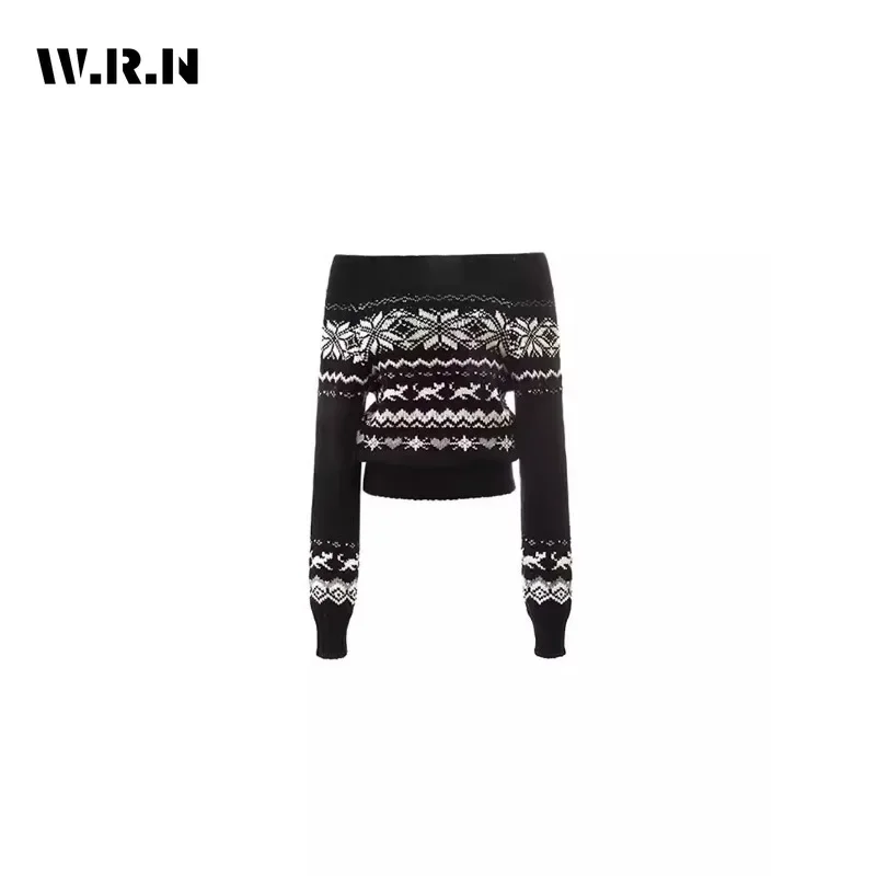 Pullover a maniche lunghe lavorato a maglia con stampa geometrica stile vintage da strada da donna 2025 Maglione grunge allentato con collo slash casual invernale