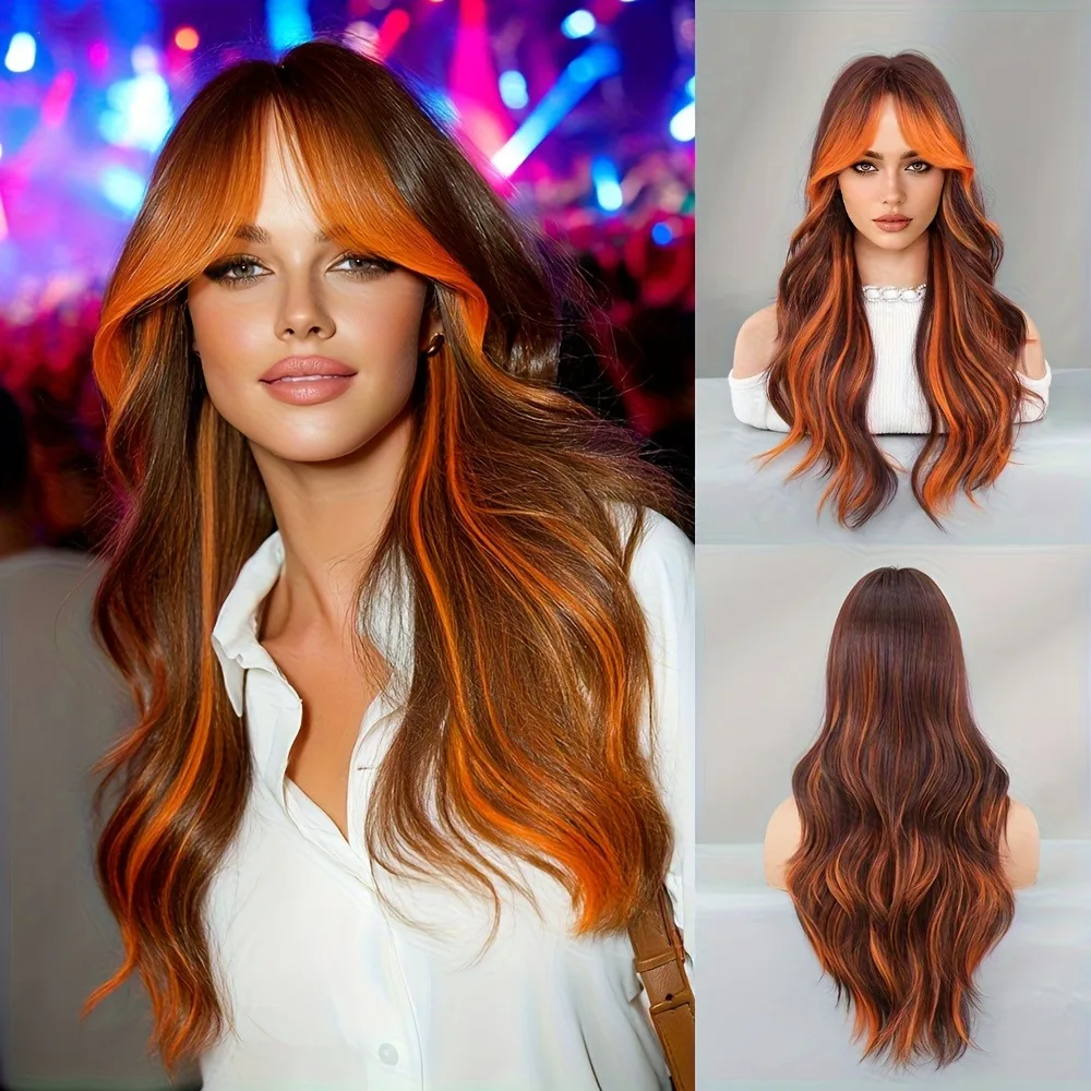 

Женский длинный свободный волнистый медный парик с оранжевыми бликами и челкой - синтетический многослойный парик высокой плотности
