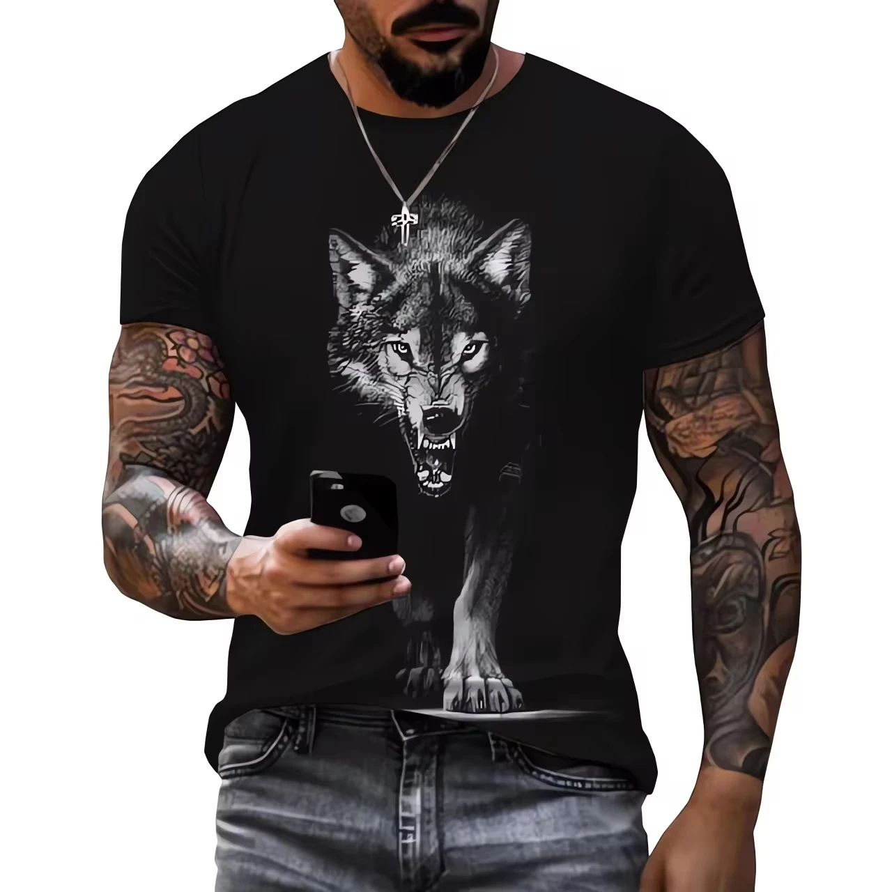 Men's 3D Printed T-shirt with Wolf Pattern Short Sleeve Top 3D Casual Street Man's T-shirt Oversized Top Tee Shirt Men Clothing