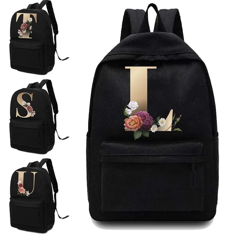 Unisex Canvas School Bag para Mulheres, Designer Shoulder Bag, Nome Padrão Impresso Mochila, Sport Bag, Gold Letter, Laptop Backpack