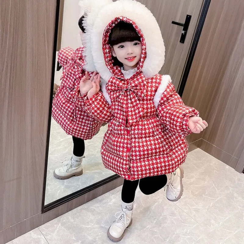 Girls' Cotton Padded Jacket Red Bow Festival Thickened Fur Hooded Fashion Design Warm Medium Long Casual Jacket Outerwear