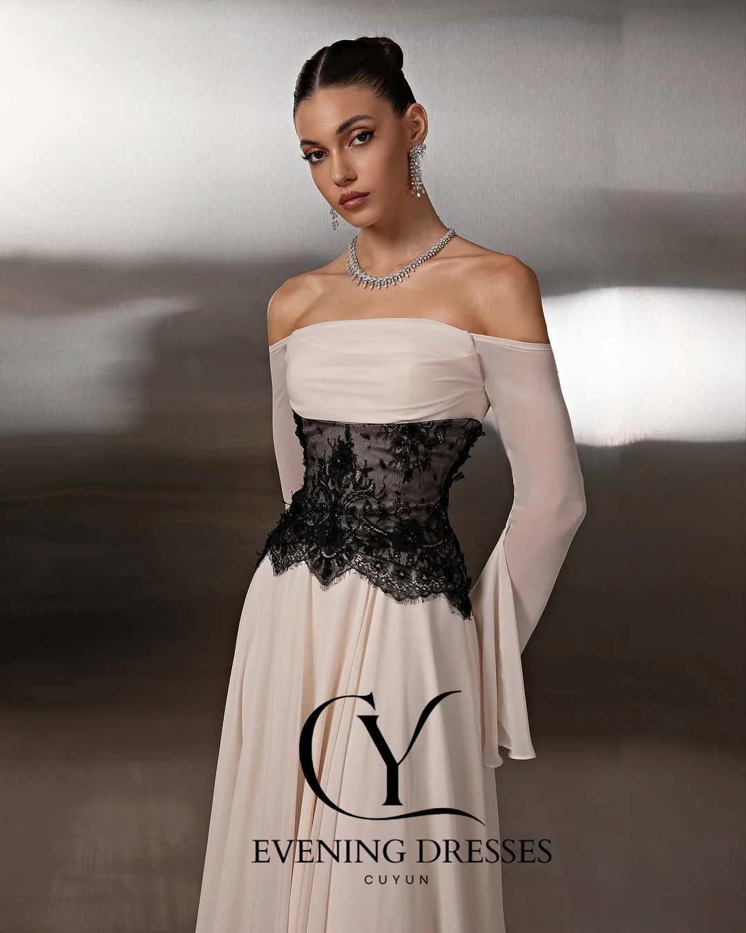 CUYUN Boat Neck Chiffon and Lace Evening Dresses Formal Customized Prom Gown Long Sleeves Elegant Party Dress for Wedding Guest