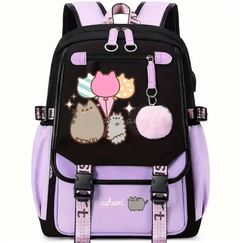 Hot Fat Cat Backpack Girl School Bag for Teenage College Wind Women SchoolBag High Student Bag Purple Canvas Bundle Usb Backpack