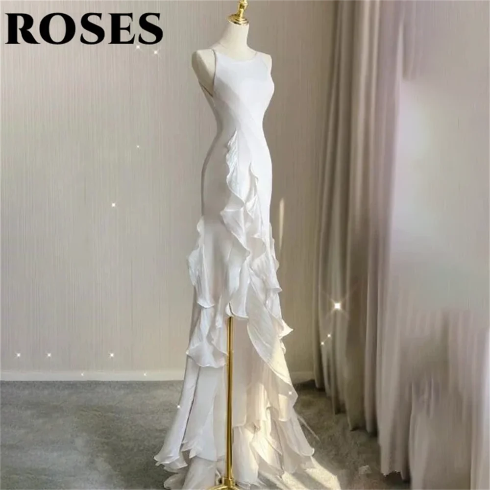 ROSES White Mermaid Evening Dress Chiffion Sleeveless O-Neck Charming Prom Dresses Pleats Split Party Dress vestidos de noche image 2