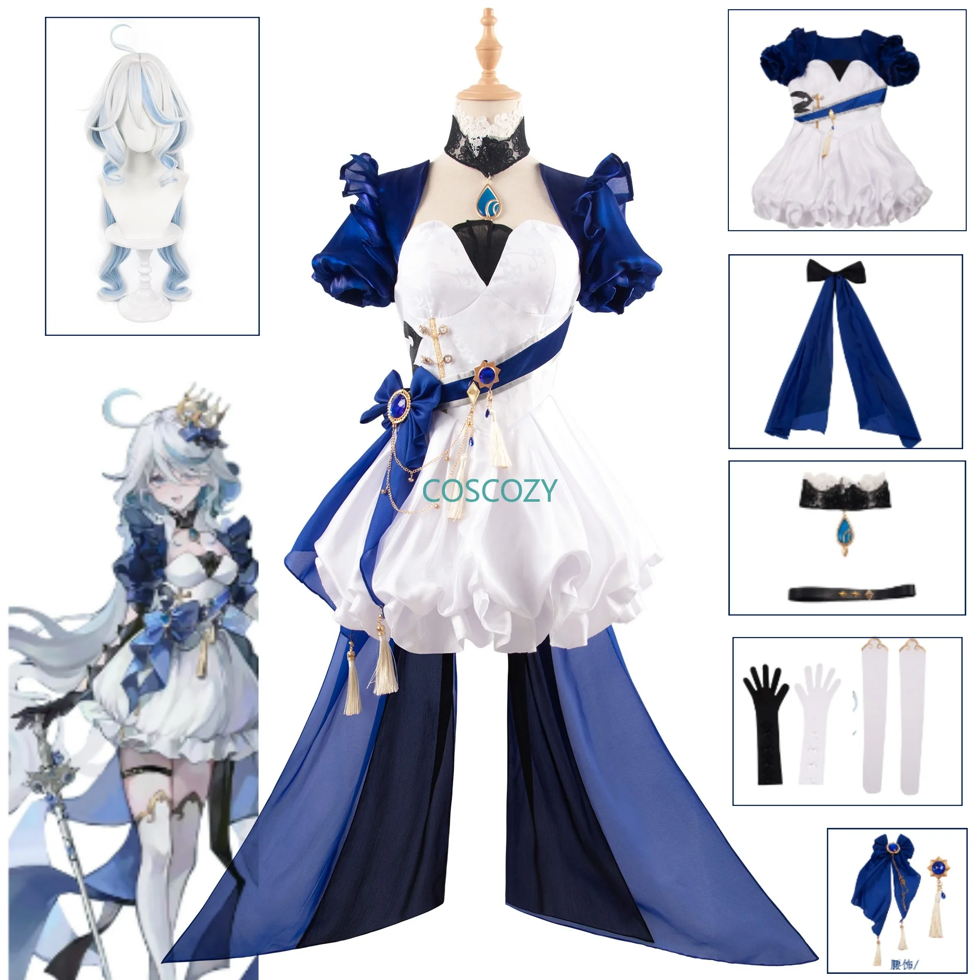 Furina Focalors Doujin Cosplay Costume Game Genshin Impact Fontaine Furina Alice Cosplay Costume Women Cute Doujin Dress Wig