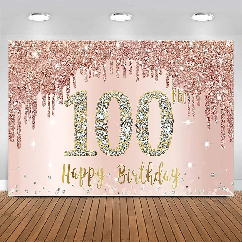 Happy 100th Birthday Banner Backdrop Decoration Women men Rose Gold Party SuppliesPink Poster Photography Background Photo Decor