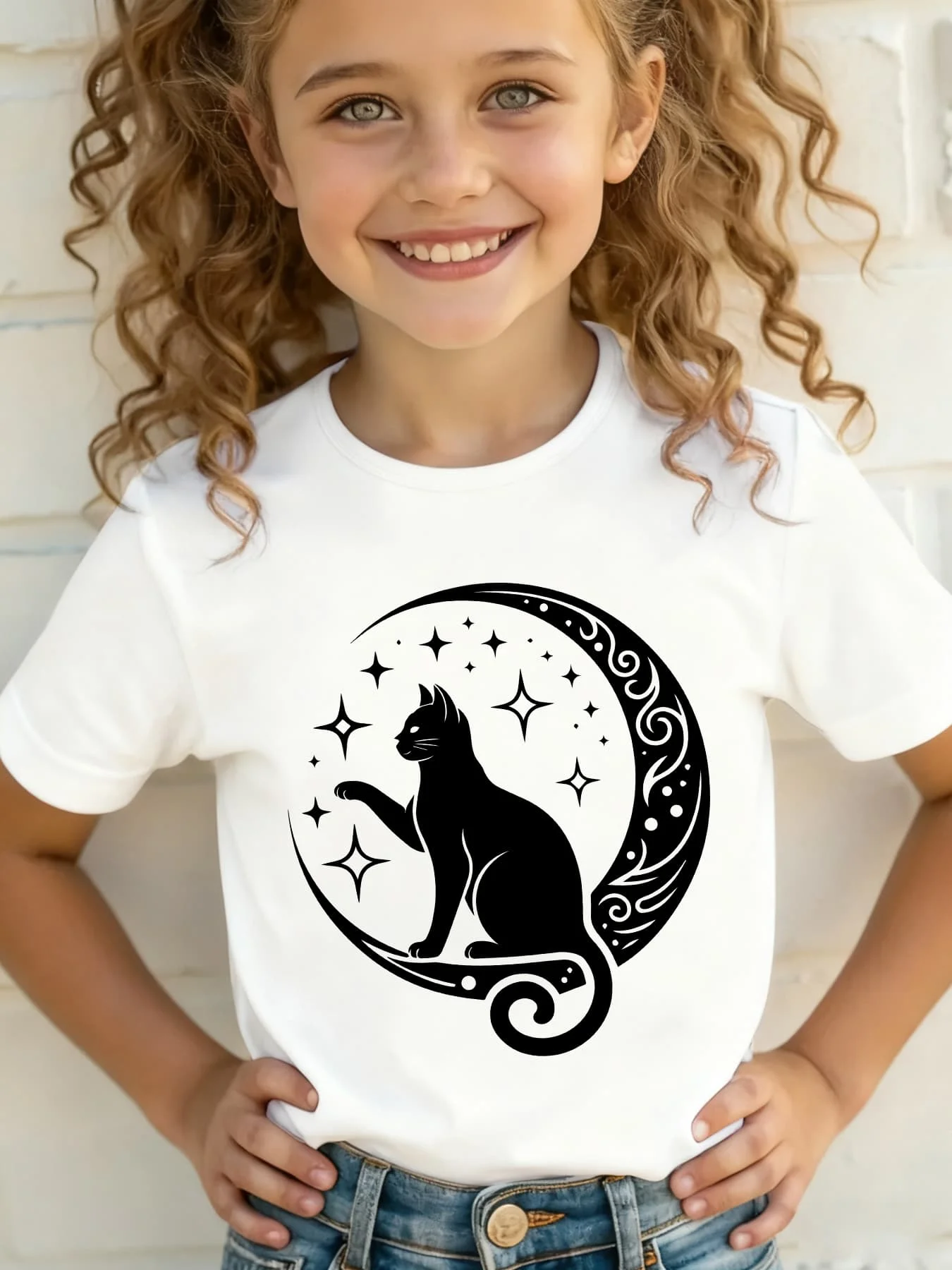 Kids Girls Cute Black Cat on Crescent Moon Stars Graphic TShirt Casual Short Sleeve Tee Children Clothing Parent-child Print Top