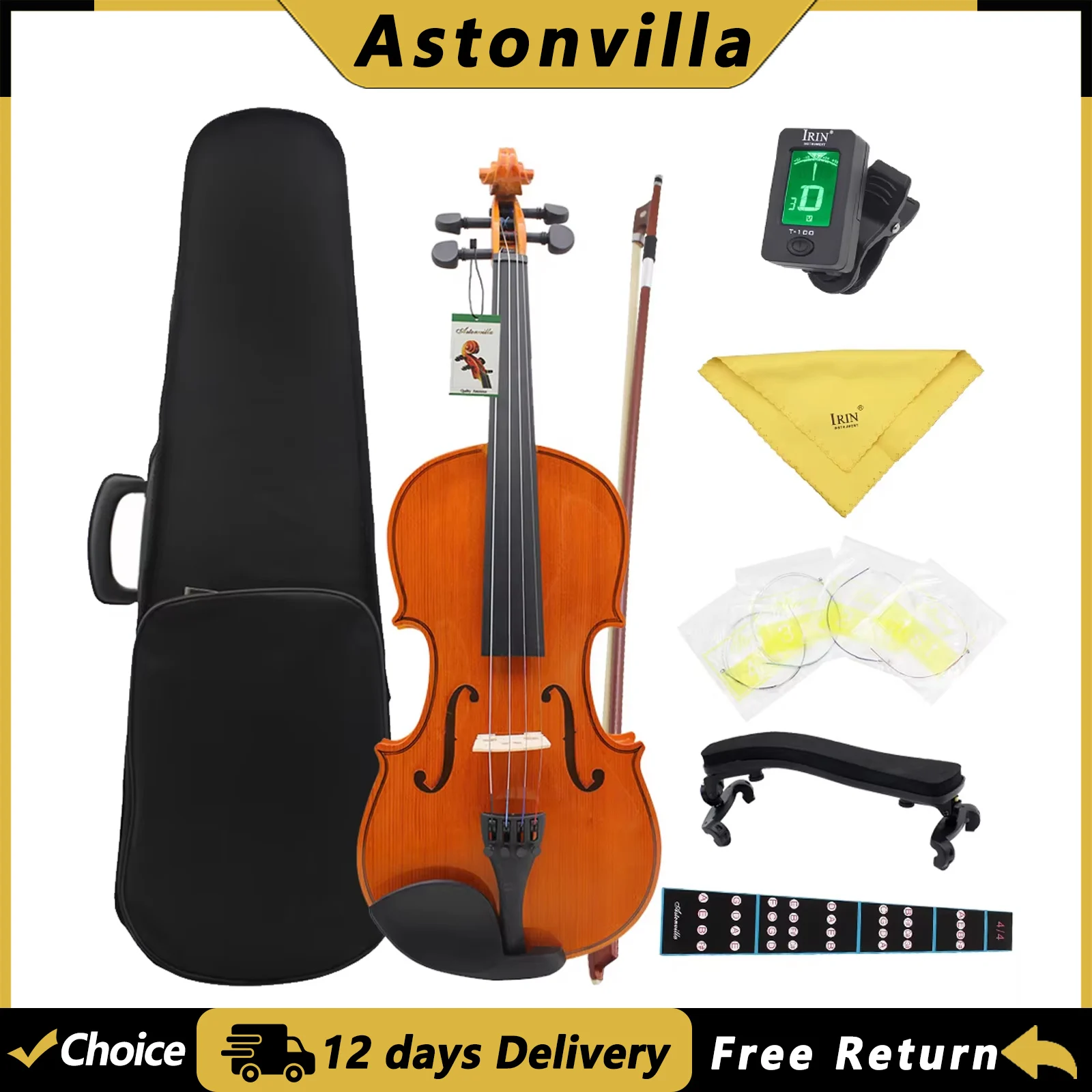 Astonvilla AV-02 Acoustic Violin Spruce Fiddle with Case Bow Strings Shoulder Rest Tuner Cloth Violin Parts & Accessories