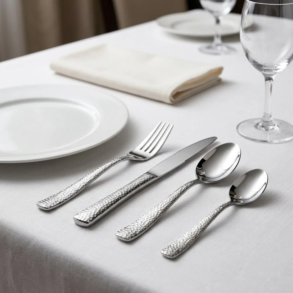 4-Piece Stainless Steel Flatware Featuring Polished Working Ends and Hammered Grip Zones for Balanced Handling
