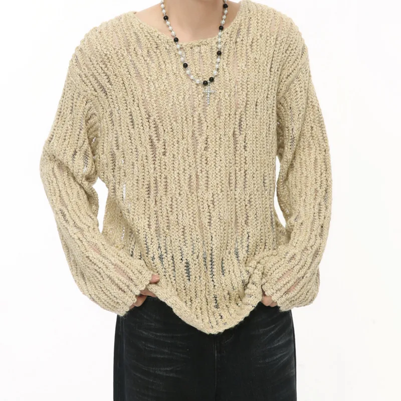 Korean Style Texture Hollow Out Men's Pullover Knits Round Collar Loose Menswear Casual Knitting Male Sweater 2024